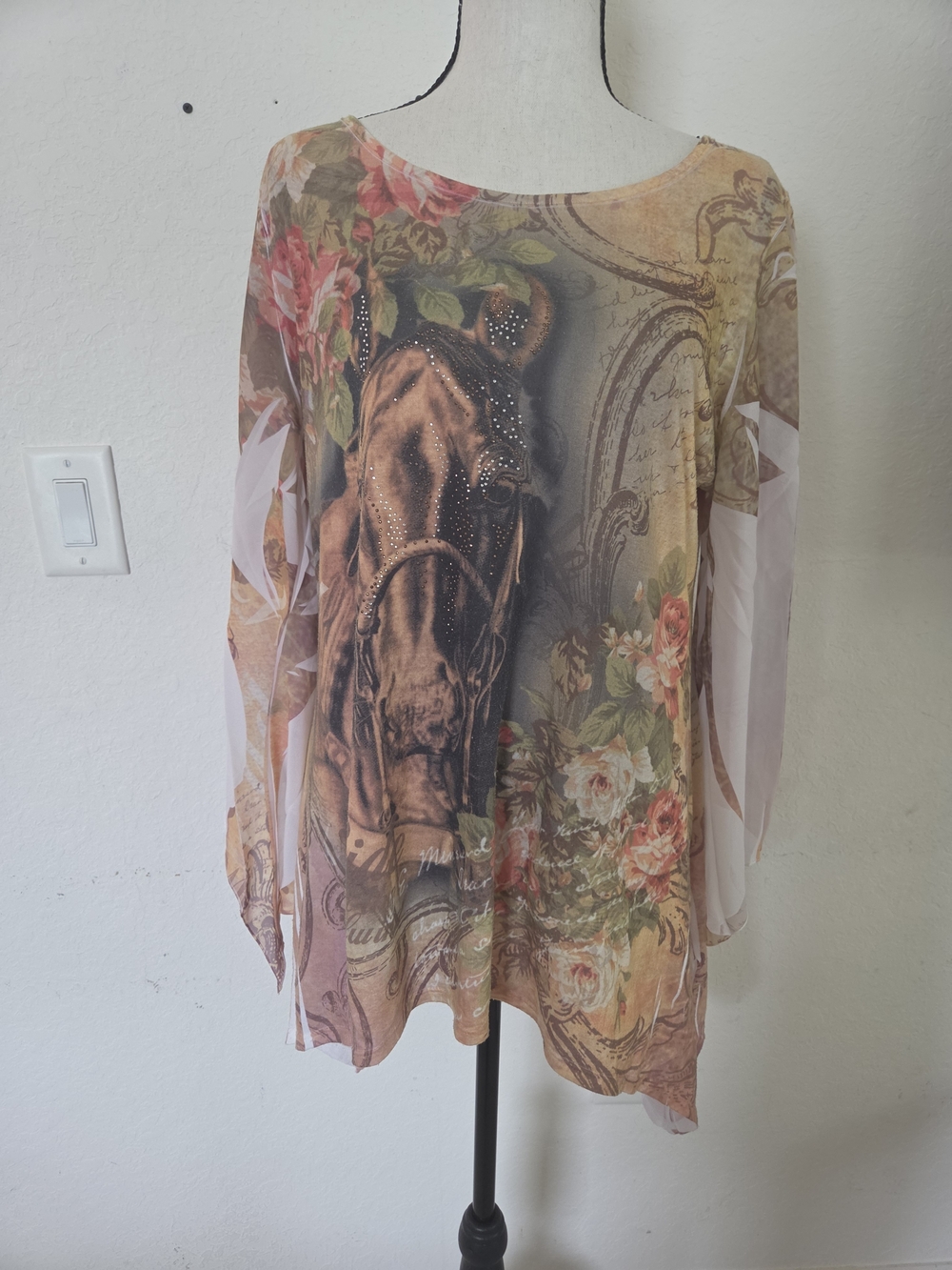 Western Boho Equestrian Cal Style Rhinestone Horse Graphic Sheer Bell Sleeve Top